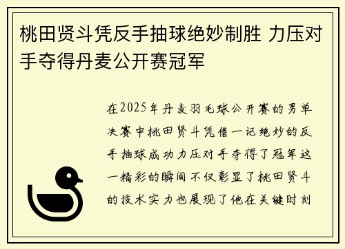 桃田贤斗凭反手抽球绝妙制胜 力压对手夺得丹麦公开赛冠军